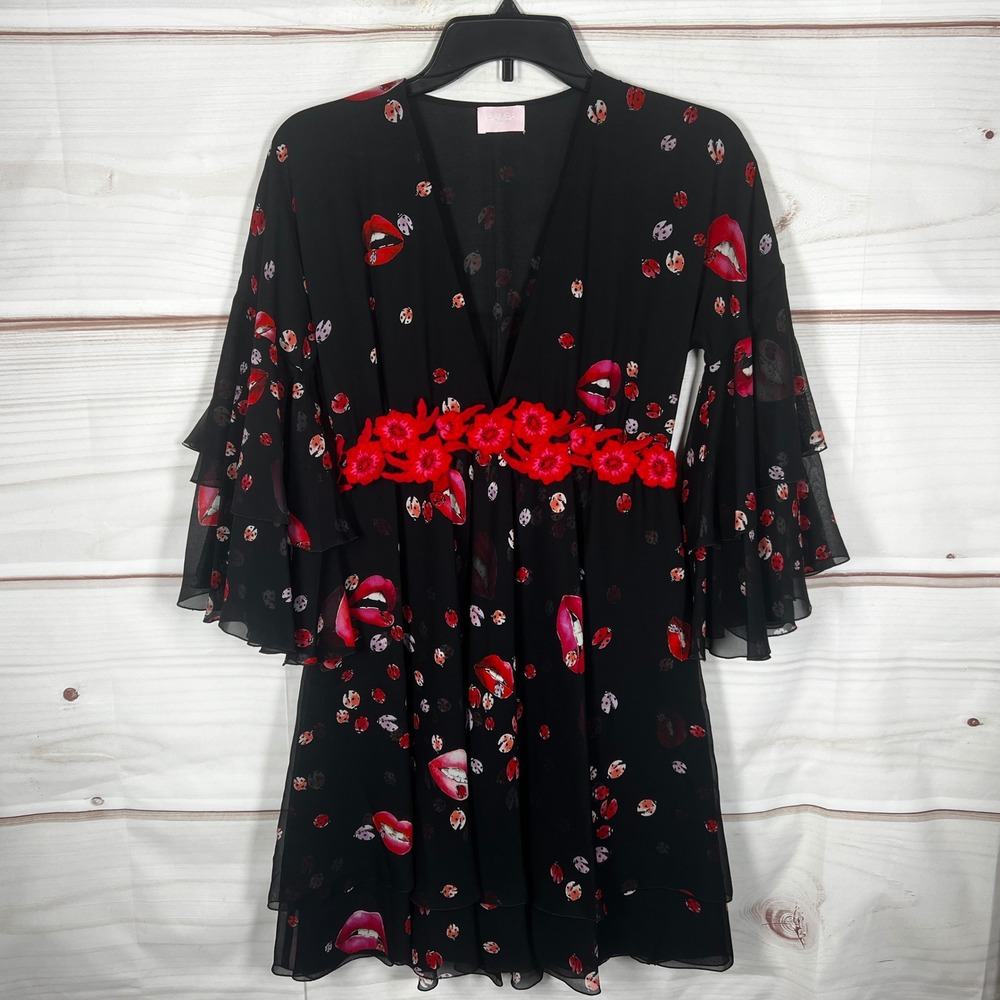 Giamba Paris Silk Dress Womens XXS Black Lips Ladybug Print‎ Bell Sleeve Floral